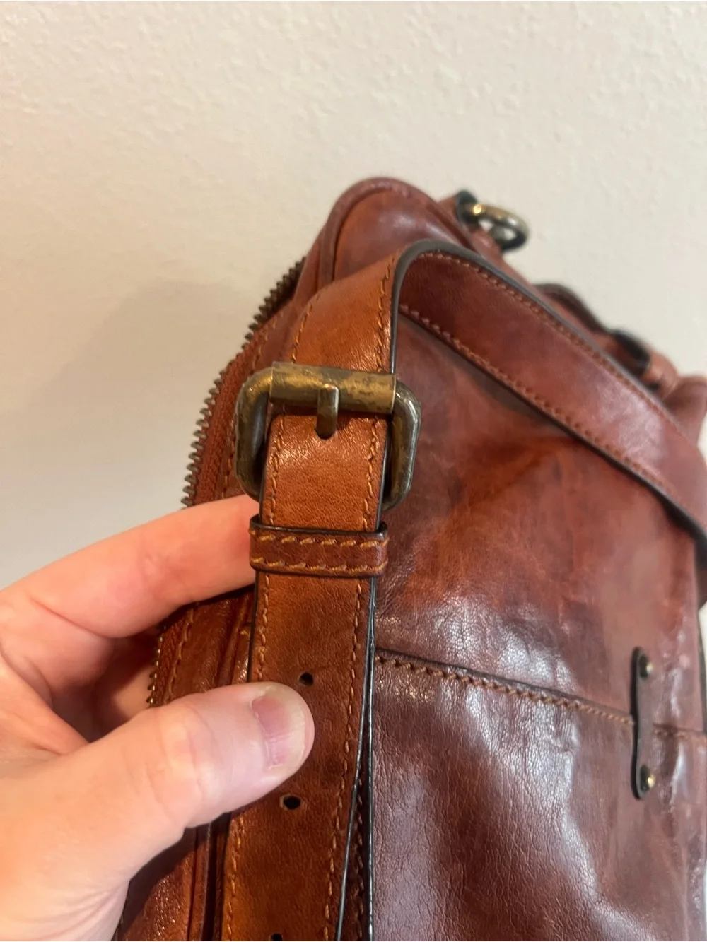 Frye Tan Leather Messenger Bag with Brass Hardware